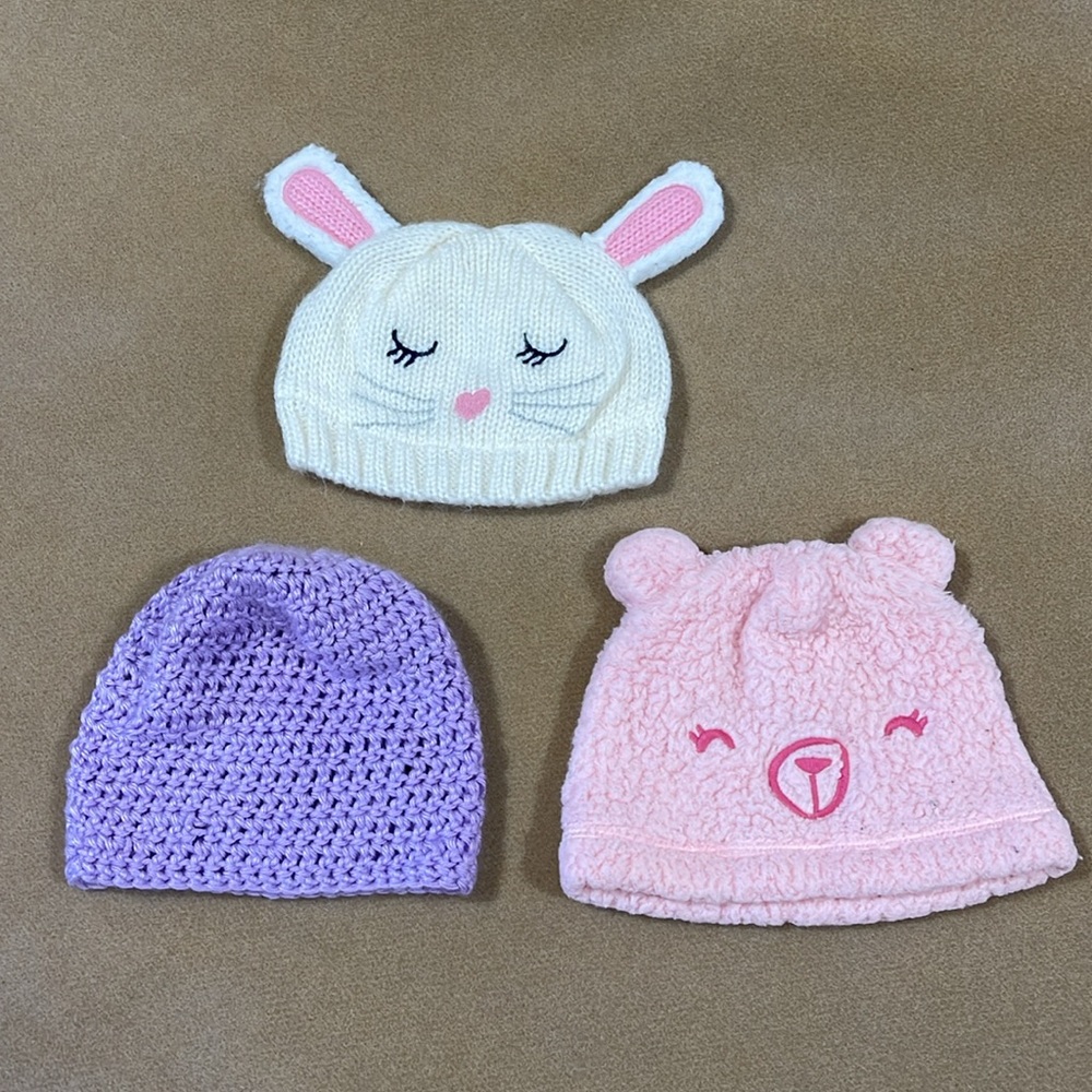 GYMBOREE & HANDMADE SET OF 3 KNIT CAP HATS FOR BABY GIRL SIZE 3-6, & 0-12